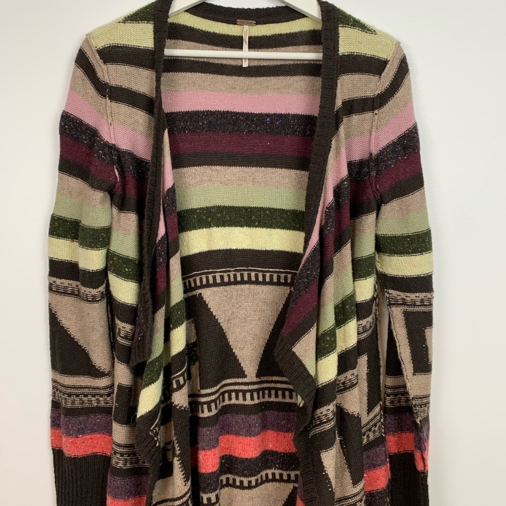 Free People Long Duster Open Cardigan Size Medium Wool Mohair Blend Aztec Boho - Picture 2 of 12